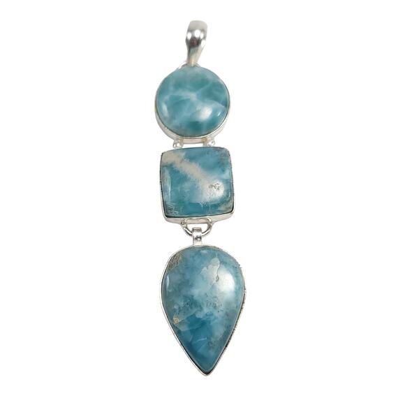 Serene Trio Larimar Sterling Pendant (2.5") on 18" Chain - Picture 1 of 10